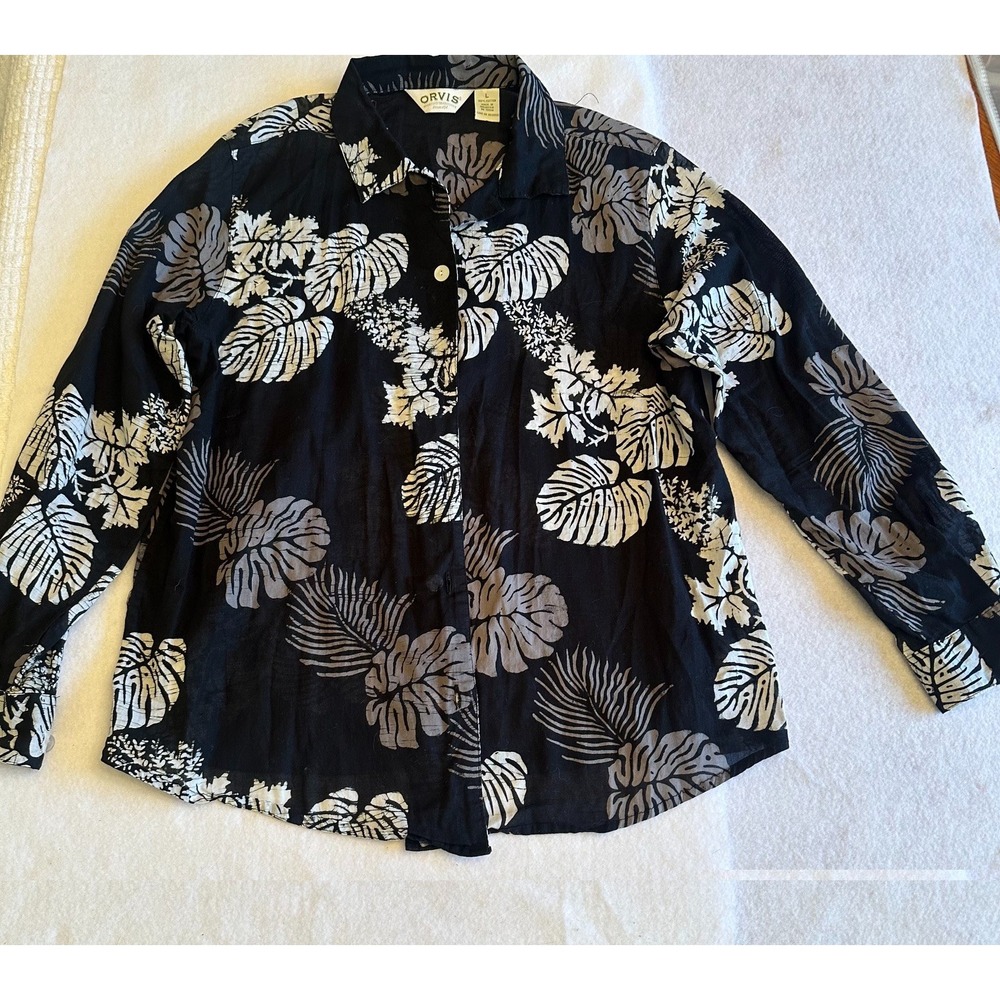Orvis Shirt Mens Black L Tropical Leaf Print Long Sleeve Button Down Cotton